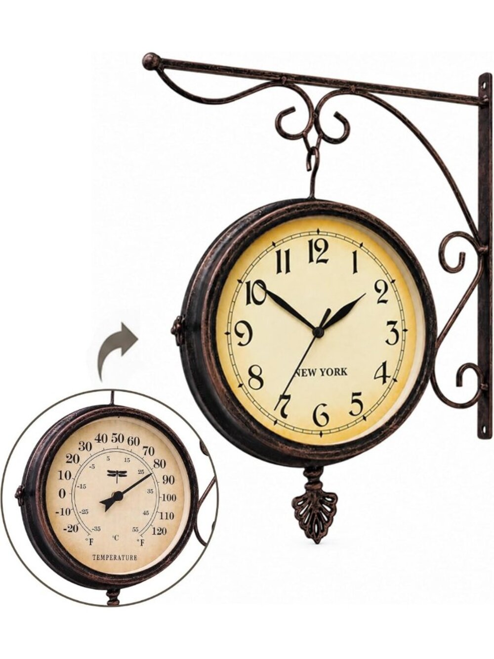Double-Sided Outdoor Clock & Thermometer Combo - Weather-Resistant Metal Design